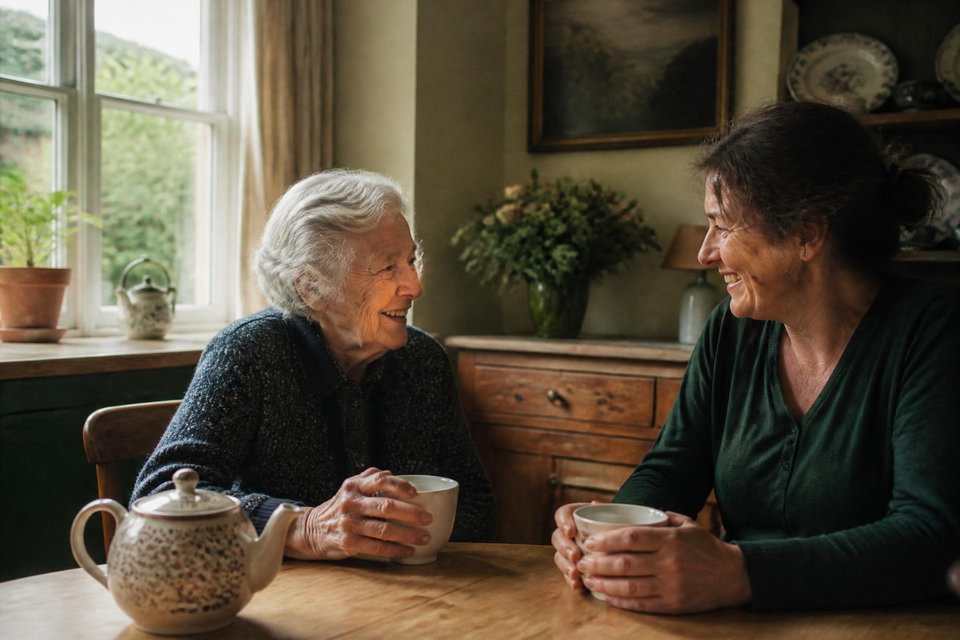 An older woman sharing tea with a companion at her kitchen table in Cambridge